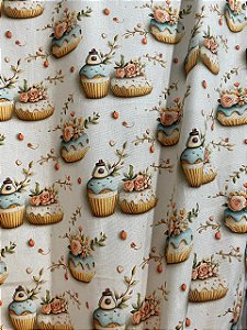 Tecido Tricoline Digital Fabricart Estampa Cupcakes sobre Off-White 100% Algodão