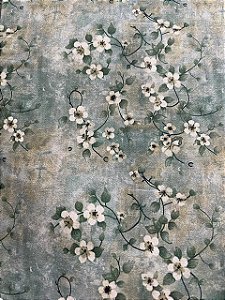 Tecido Tricoline Digital Fabricart Estampa Ramos de Flores sobre Fundo Verde e Bege 100% Algodão