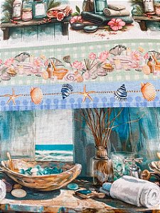 Tecido Tricoline com 10 Faixas de Estampas de Banho e Mar 100% Algodão