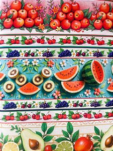 Tecido Tricoline com 10 Faixas de Estampa de Melancia, Abacate, Romã, Uvas e Outras Frutas 100% Algodão