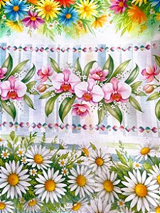 Tecido Tricoline com 10 Faixas de Estampa de Rosas, Margaridas Coloridas e Boca-de-leão 100% Algodão