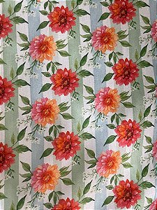 Tecido Tricoline Estampa de Flores sobre Listras Azuis e Verdes 100% Algodão