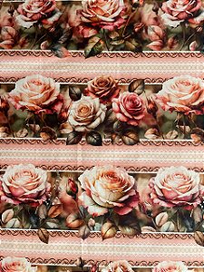 Tecido Tricoline Estampa Digital 10 Faixas de Rosas Cor-de-rosa, Rosas Cor de Chá, Folhas e Botões 100% Algodão