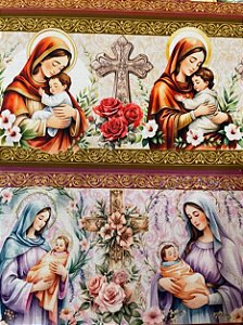 Tecido Tricoline Digital com 10 Faixas de Nossa Senhora com Menino Jesus no Colo 100% Algodão