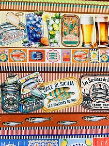 Tecido Tricoline Digital com 10 Faixas de Sardinhas e Drinks 100% Algodão