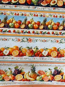 Tecido Tricoline Digital com 10 Faixas de Frutas Diversas 100% Algodão