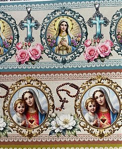 Tecido Tricoline Digital com 10 Faixas de Nossa Senhora e Menino Jesus 100% Algodão