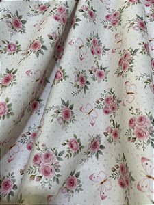 Tecido Tricoline Estampa de Rosinhas e Borboletas em Verde e Cor-de-rosa 100% Algodão