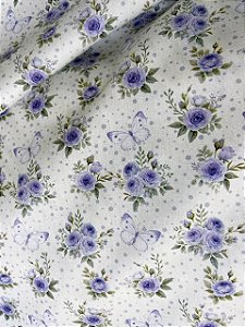 Tecido Tricoline Estampa de Rosinhas e Borboletas em Verde e Lilás 100% Algodão