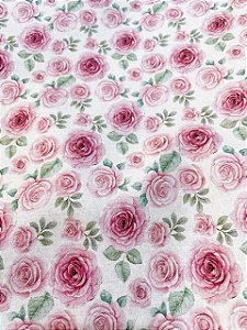 Tecido Tricoline Estampa de Rosas Cor-de-Rosa sobre Branco 100% Algodão