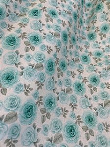 Tecido Tricoline Estampa de Rosas na Cor Tiffany sobre Branco 100% Algodão