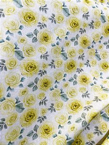 Tecido Tricoline Estampa de Rosas na Cor Amarela sobre Branco 100% Algodão