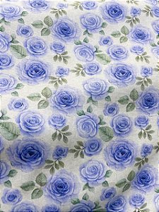 Tecido Tricoline Estampa de Rosas na Cor Azul Claro sobre Branco 100% Algodão