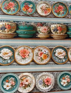 Tecido Tricoline com 10 Faixas de Estampa de Porcelana Decorada e Flores 100% Algodão
