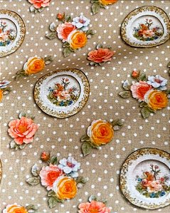 Tecido Tricoline Estampa de Porcelanas sobre Fundo Bege com Poás 100% Algodão