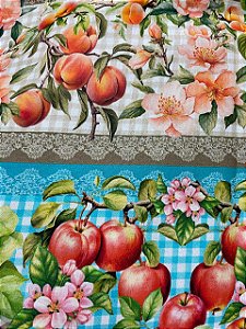 Tecido Tricoline Digital com 10 Faixas de Frutas Diversas sobre Xadrez 100% Algodão