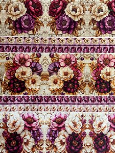 Tecido Tricoline Digital com 10 Faixas de Flores em Tons de Vinho, Lilás e Off-White 100% Algodão