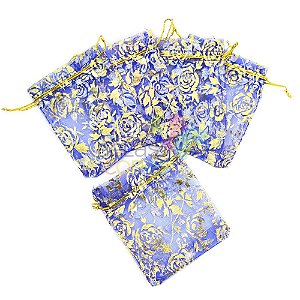 Saquinho de Organza 9x12 cm Azul - Com Estampa Floral Dourada - 50 unidades