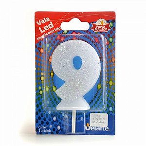 Vela Led Multicolorido Número 9 Velarte 7cm - 1 Unidade