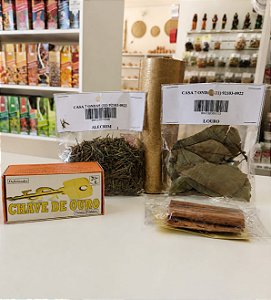 Kit Prosperidade Completo – Vela Dourada 7 Dias, Chave de Ouro, Alecrim, Louro e Canela