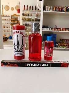 Kit Sedução Completo – Vela Vermelha de Mel, Perfume Poder das Sete Pombagiras, Incenso e Banho Líquido