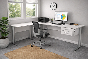 Mesa Escritório L 1,40 X 1,40 M 15 Mm Home Office Escrivaninha 2 Gavetas