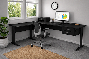 Mesa Escritório L 1,60 X 1,60 M 15 Mm Home Office Escrivaninha 2 Gavetas