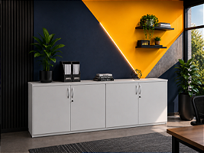 Armário Baixo 4 Portas Fechado Duplo Credence Escritório Home Office Base em Aço 18 mm Chave