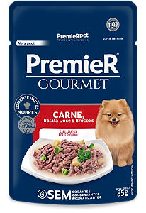 Alimento Úmido Sachê Premier Gourmet Cães Adultos Porte Pequeno sabor Carne, Batata Doce e Brócolis