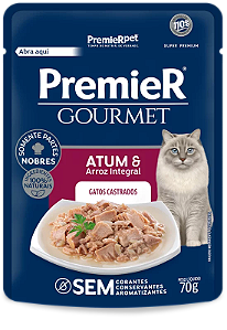 Alimento Úmido Sachê Premier Gourmet Gatos Castrados sabor Atum e Arroz Integral