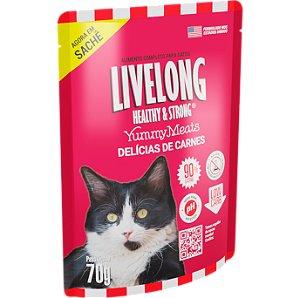 Alimento Úmido Sachê Livelong Gatos sabor Delícias de Carnes 70g