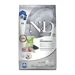 Ração Seca N&D Canine Soft & Shiny White Coat Adult Mini sabor Merluza, Spirulina e Erva Doce