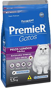 Ração Premier Ambientes Internos Sabor Salmão para Gatos Adultos de Pelos Longos