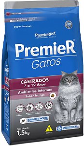 Ração Premier Ambientes Internos Sabor Frango para Gatos Castrados para Gatos com 7 a 11 anos