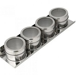 Porta Tempero Kit 4 Potes Condimento Inox Magnético Imã Geladeira Suporte