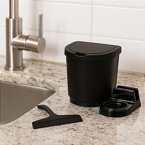 Kit Pia 3 Peças Lixeira Rodo Organizador de Detergente Preto Sanremo Conjunto Cozinha