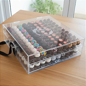 Expositor para 200 brigadeiros Nº5 com gaveta, alça e gravação da sua logo