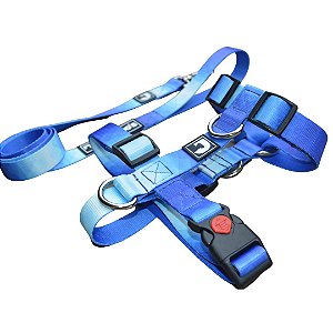 Kit Peitoral H antipuxão + Guia para cães - Azul degradê