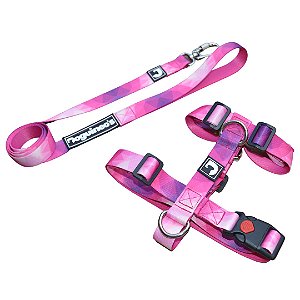Kit Peitoral H antipuxão + Guia para cães - Rosa Degradê