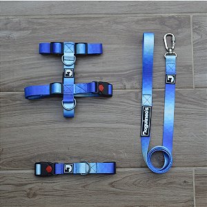 Kit Peitoral H antipuxão + Guia + Coleira para cães - Azul Degradê