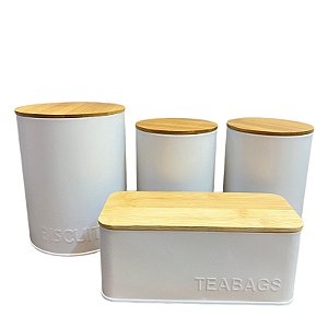 Kit Jogo Pote Lata Metal Chá Café Açúcar Brinox Branco 4Pçs
