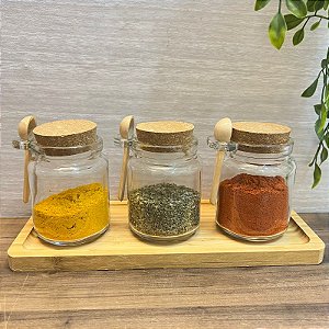Kit Porta Tempero/Condimentos Vidro Com Bandeja 4 Pçs Lyor