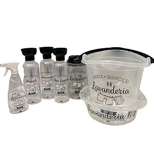 Kit Lavanderia Bancada Organizador Transparente C/ Preto 7Pçs Limpeza Plasútil