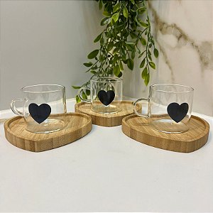 Kit Conjunto Jogo Xicaras Chá Café Vidro Coração C/ Pires Bambu 6Pçs Lyor / Plasvale