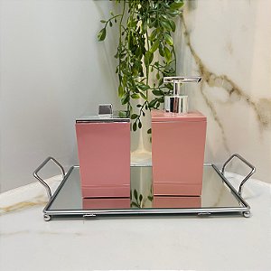 Kit Banheiro Bancada Quadratta Rosa C/ Bandeja 3Pçs