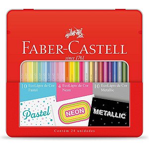 Lápis de Cor Faber Castell 24 Cores Pastel Neon e Metálico e Estojo Lata