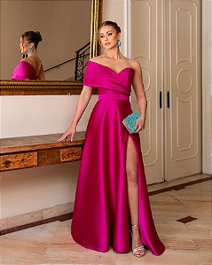 VESTIDO FESTA GLAM DECOTE OMBRO A OMBRO ZIBELINE - FÚCSIA