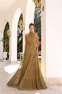 VESTIDO TULUM GOLA ALTA TULE - VERDE OLIVA
