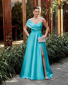 VESTIDO FESTA GLAM DECOTE OMBRO A OMBRO ZIBELINE - AZUL TURQUESA