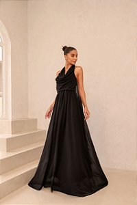 VESTIDO BRUXELAS LONGO CALDA NAS COSTAS - PRETO